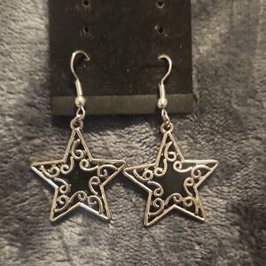 Star Filigree Drop Earrings - Black and Silver